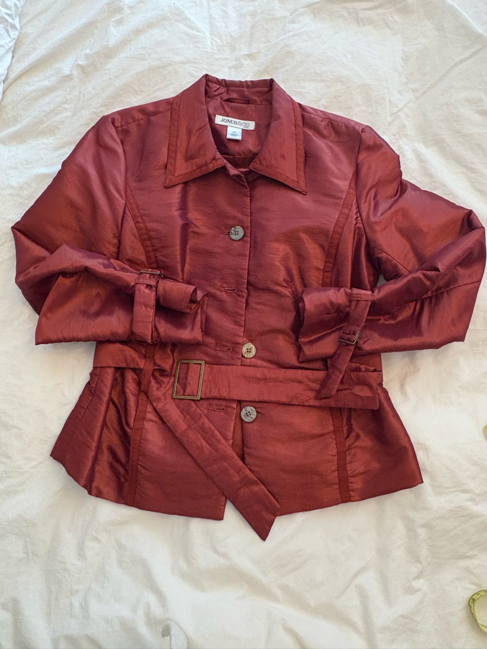 Vintage Jones & Co Women’s Belted Satin Trench Coat in Deep Burgundy